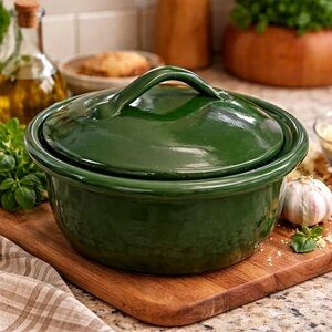 Vintage Dark Green Ceramic Covered Casserole | Gloss Glaze